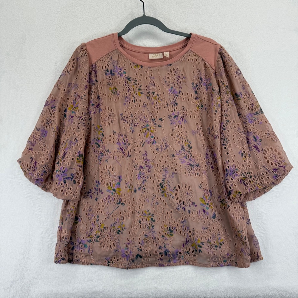 LOGO Lavish by Lori Goldstein Pink Floral Eyelet Elbow‎ Sleeve Top Blouse Large